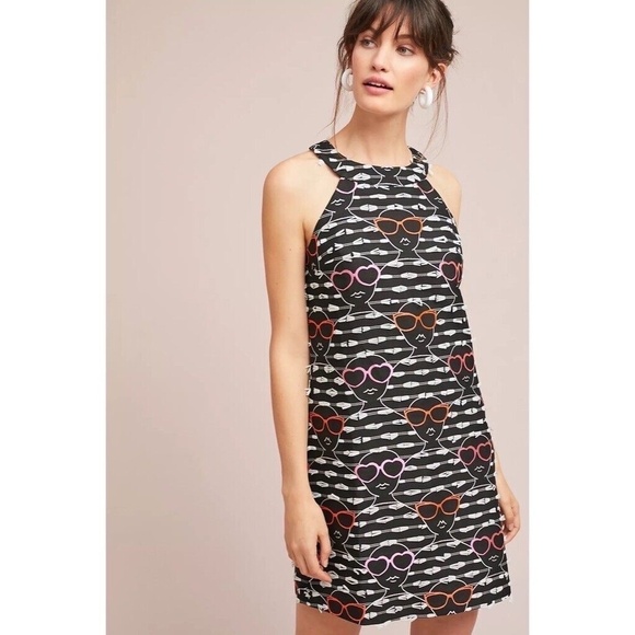NWT!! Anthropologie HUTCH Sunglass Shift Dress Embroidered Faces Clip Dot Dress - Picture 1 of 16